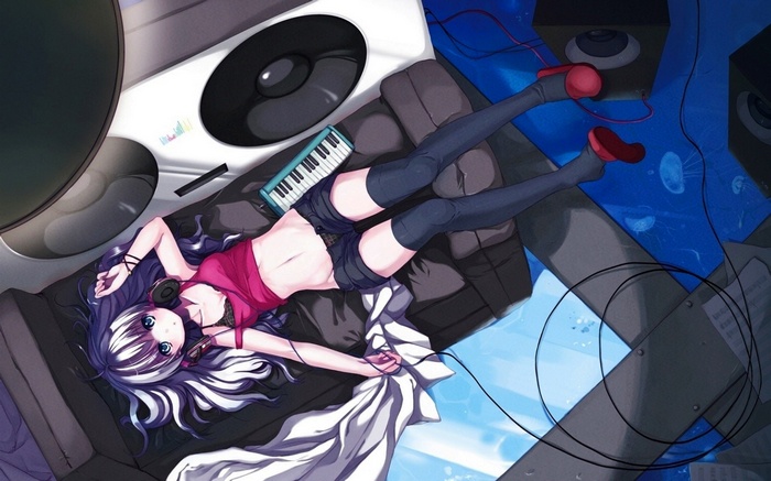 Anime girl with headphones and keyboard lying down