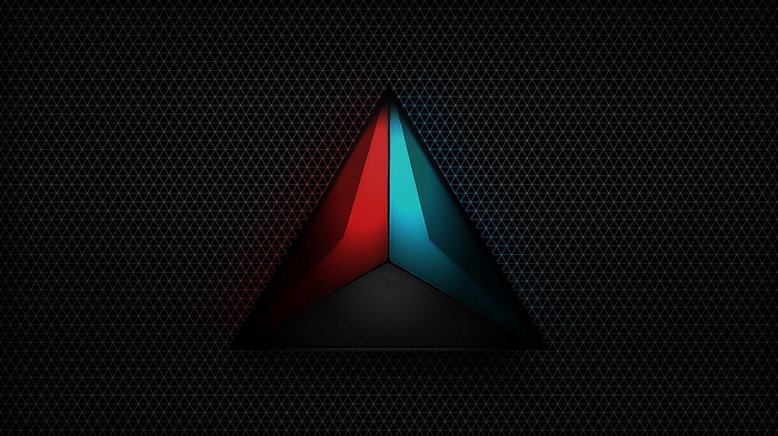 Minimalist dark triangle logo with red and blue accents