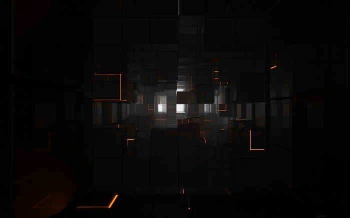 Dark 3D cubes with orange light reflections