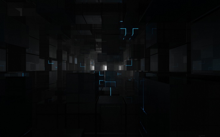 Dark 3D cubes with blue light reflections