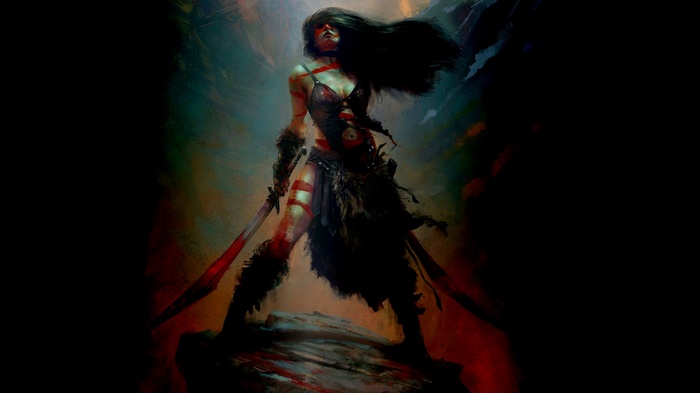 Fantasy art of a warrior woman with swords