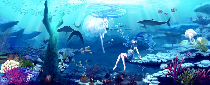 Anime girls underwater with Hatsune Miku and whales
