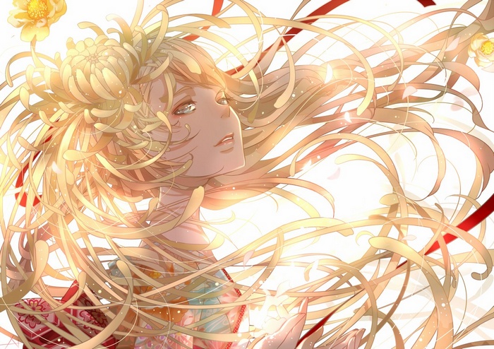 Anime girl with long blonde hair and flowers in her hair