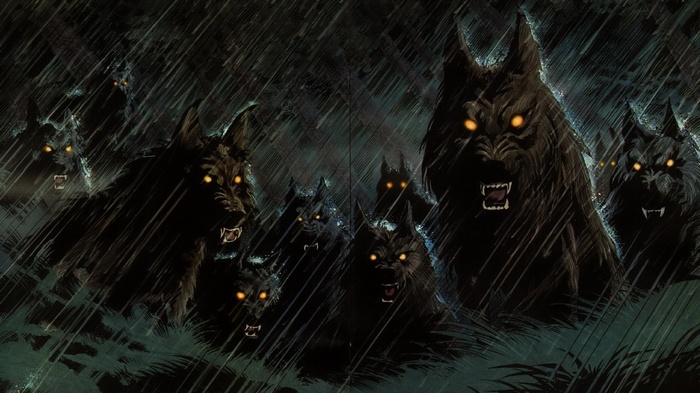 A pack of wolves with glowing eyes in the rain