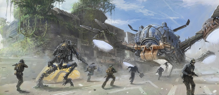 Titanfall artwork of soldiers and robots in a ruined city