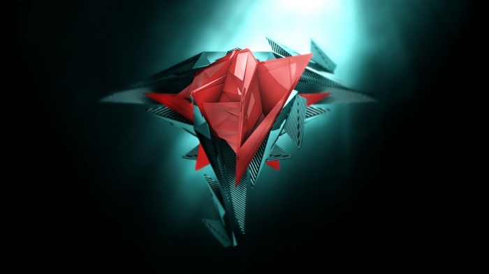 Abstract 3D geometric red and teal sculpture