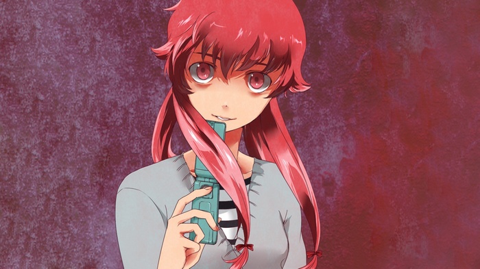 Gasai Yuno from Mirai Nikki holding a flip phone