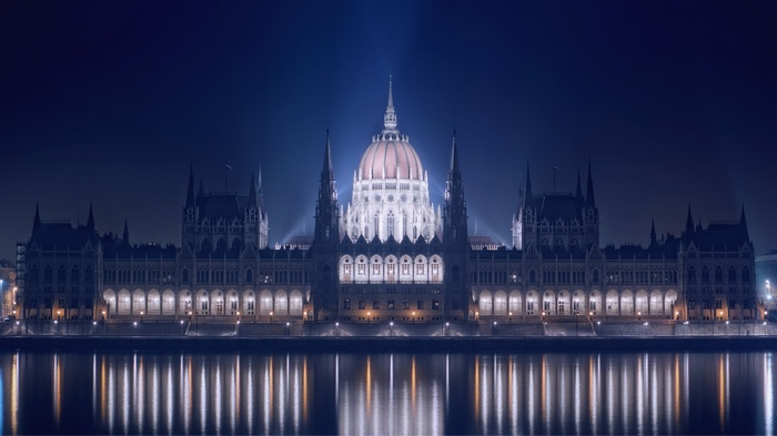Hungarian Parliament Building at night with river reflection