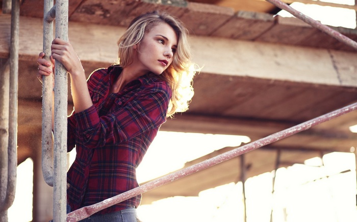 blonde, shorts, shirt, plaid shirt, women outdoors, women, freckles ...