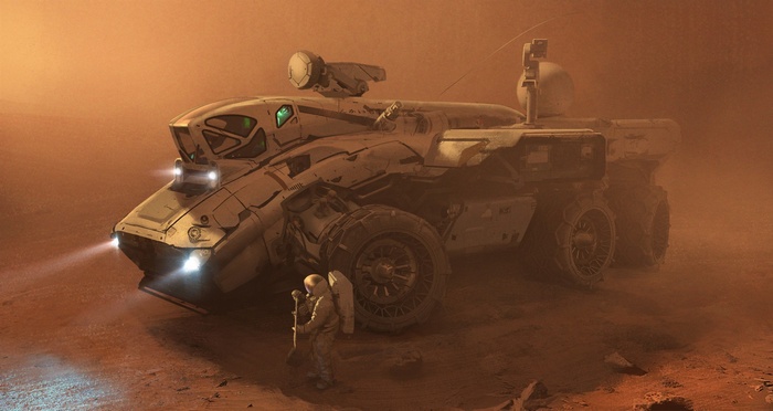 Science fiction artwork of a rover and astronaut on Mars