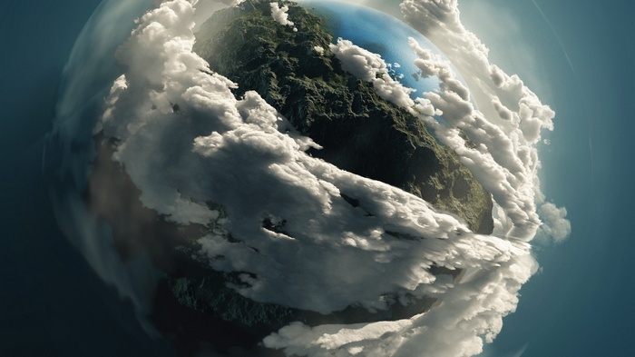 Planet with clouds and mountains in space art