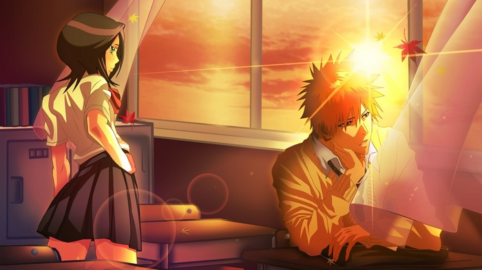 Bleach: Rukia and Ichigo in a classroom at sunset