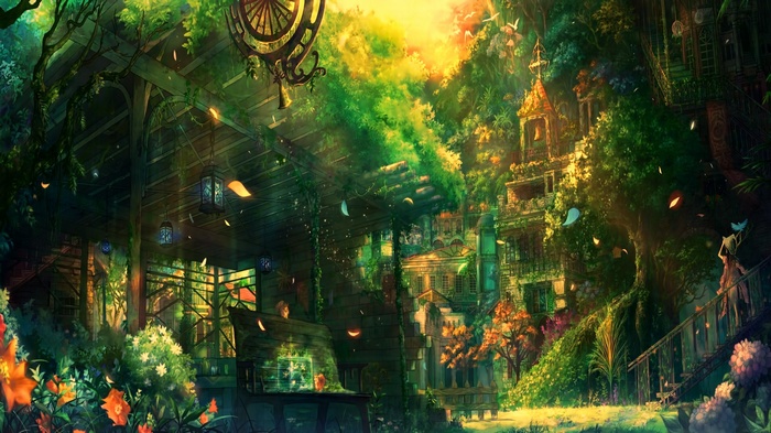 Fantasy art of a magical garden with buildings