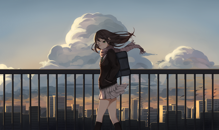 Anime girl with backpack walking on a bridge