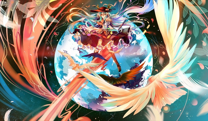 Hinanawi Tenshi and birds on a planet