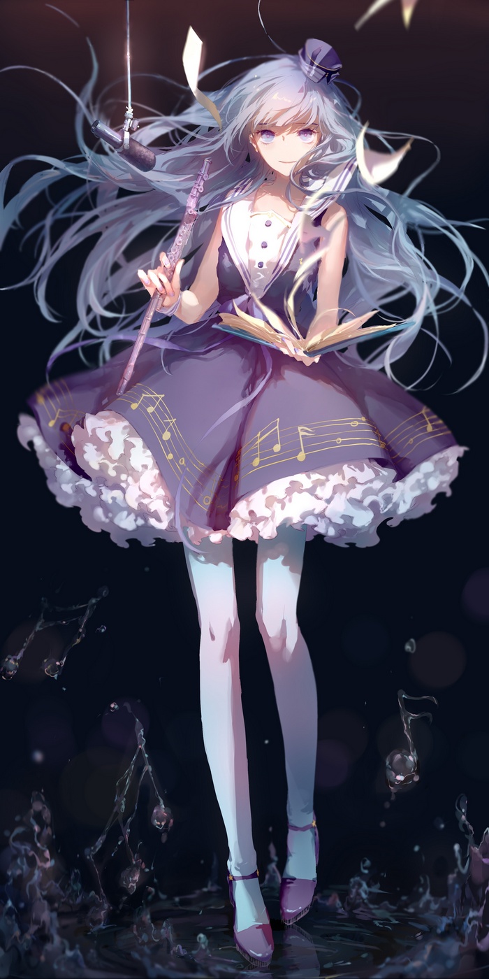 Girl with flute and book near microphone