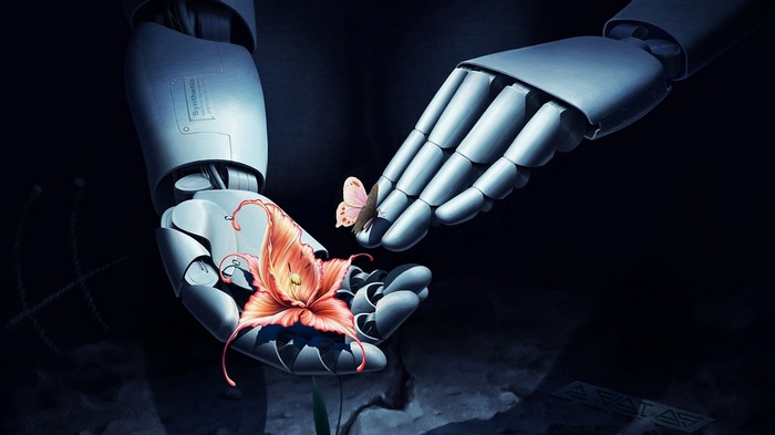 Robot hands holding a flower and a butterfly