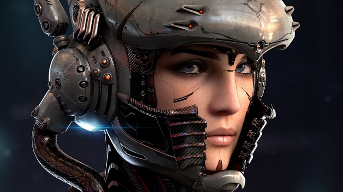 Cyborg woman with blue eyes and helmet