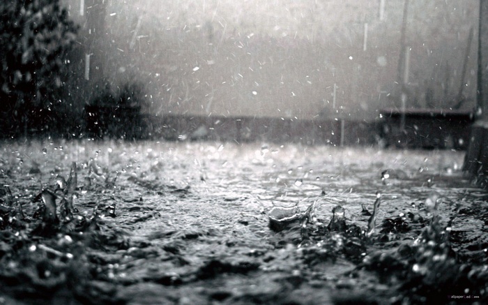 Raindrops hitting the ground in a black and white close-up.
