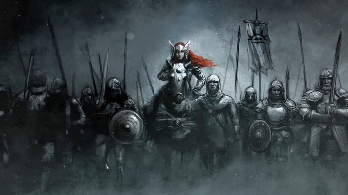 Baldur's Gate concept art of a female knight leading an army
