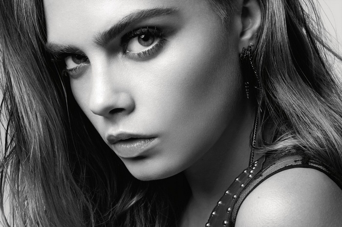 Cara Delevingne monochrome portrait with dramatic makeup