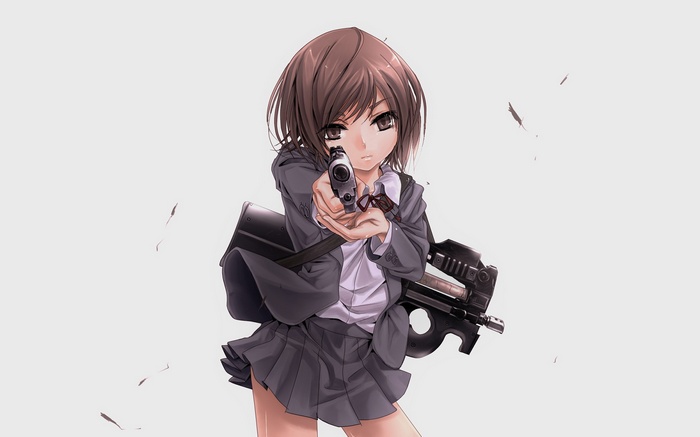 gun, machine gun, Gunslinger Girl, white background, weapon, FN P90, skirt, Henrietta