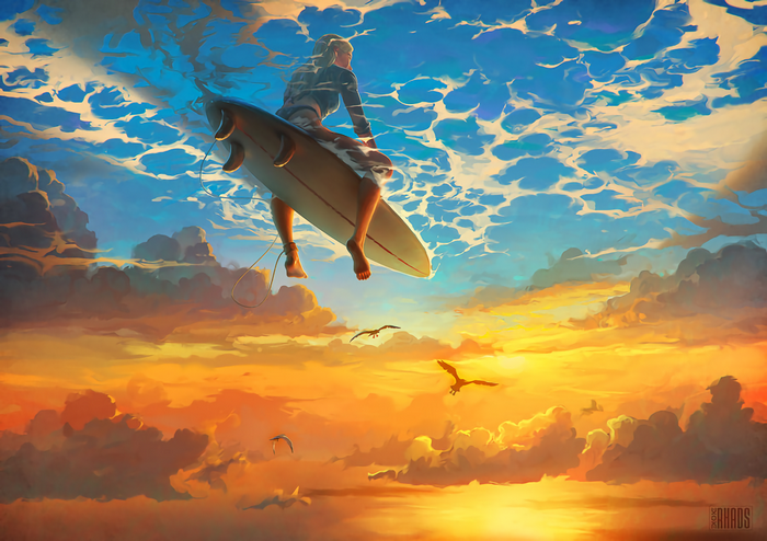 Surfer girl on a surfboard above clouds at sunset