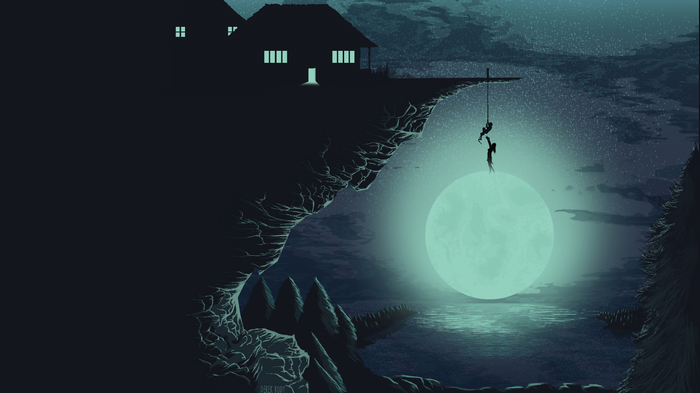 Artwork of people climbing a cliff by a lake under the moon