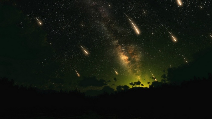 Shooting stars over a dark forest and the Milky Way