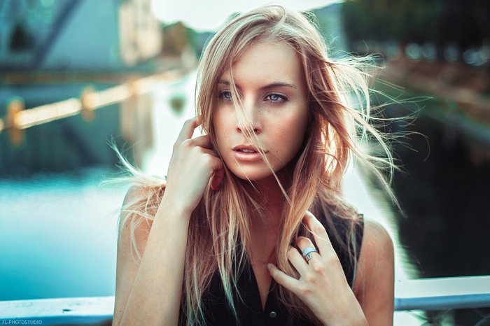 Portrait of a blonde woman with blue eyes