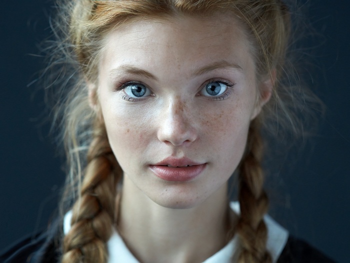 freckles, braids, people, face, redhead, Dasha Milko, blonde, portrait, women, looking at viewer, blue eyes