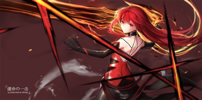 long hair, Elsword, red eyes, redhead, anime, sword, Elesis (Elsword), anime girls, swd3e2