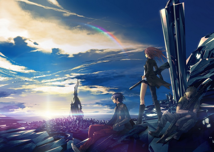 Anime characters with weapons overlooking futuristic city