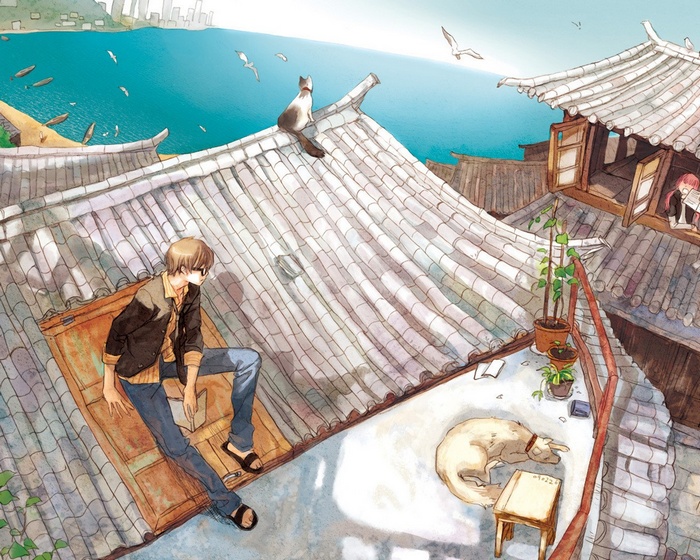 Anime scene of people and animals on rooftops by the sea