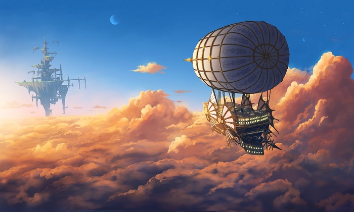 Fantasy airship and floating island in the clouds