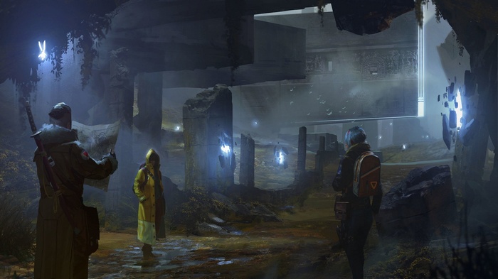 Explorers in a ruined science fiction landscape