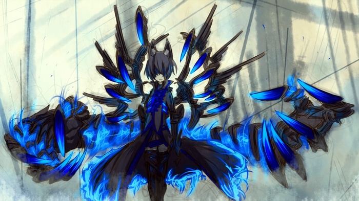 Nekomimi character with blue energy wings