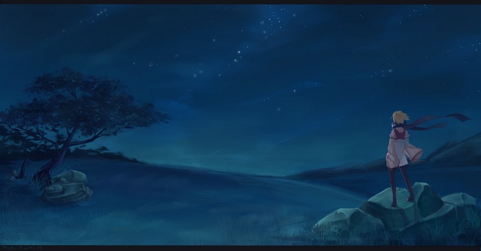 Girl looking at stars in a field at night