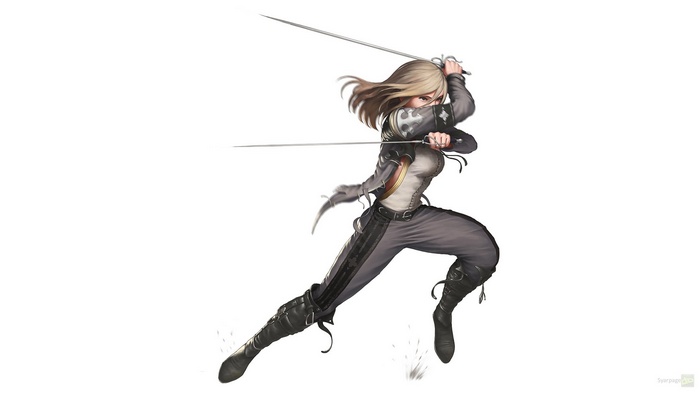 Woman with two swords in fighting stance