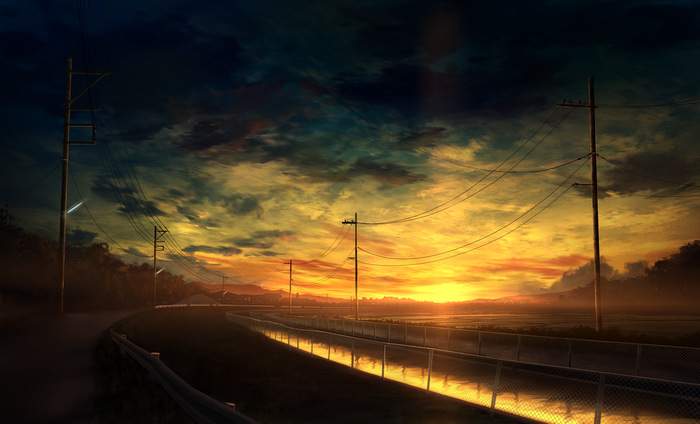 Anime road with utility poles at sunset