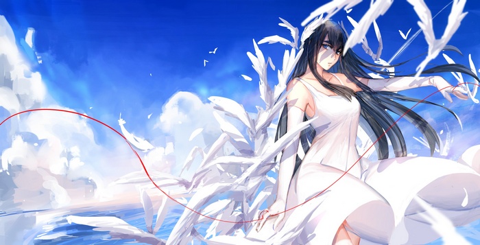 Kiryuin Satsuki in a white dress with white feathers
