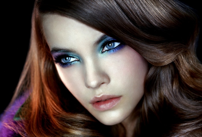 Barbara Palvin with vibrant blue and purple eye makeup