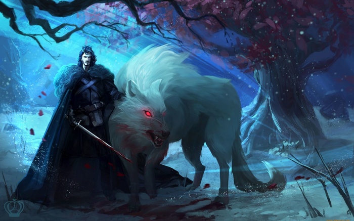 Jon Snow and Ghost in a snowy forest