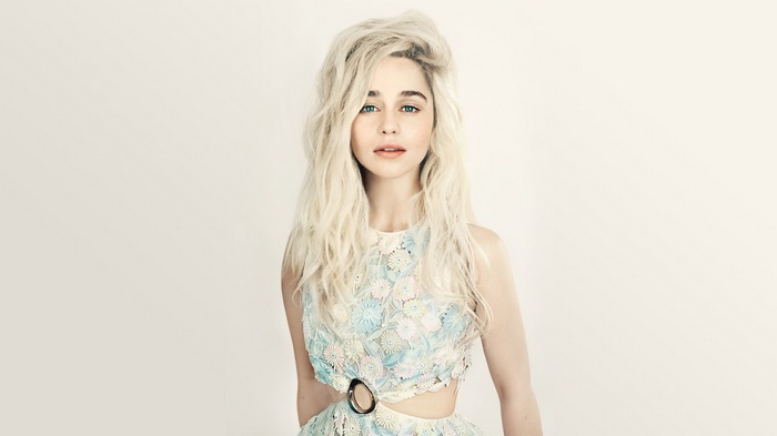 Emilia Clarke blonde actress in a floral dress