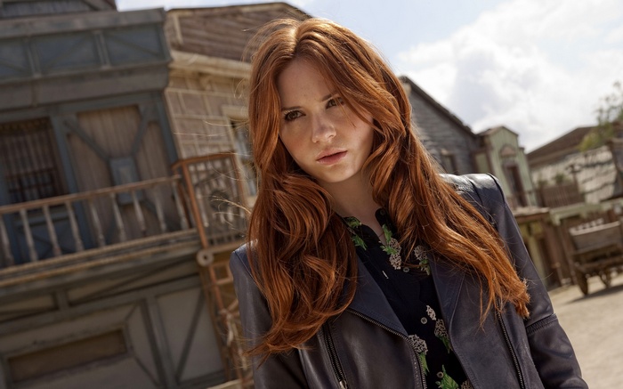 Karen Gillan in a leather jacket