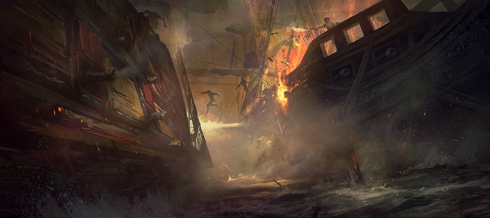 Pirate ships in a naval battle with fire