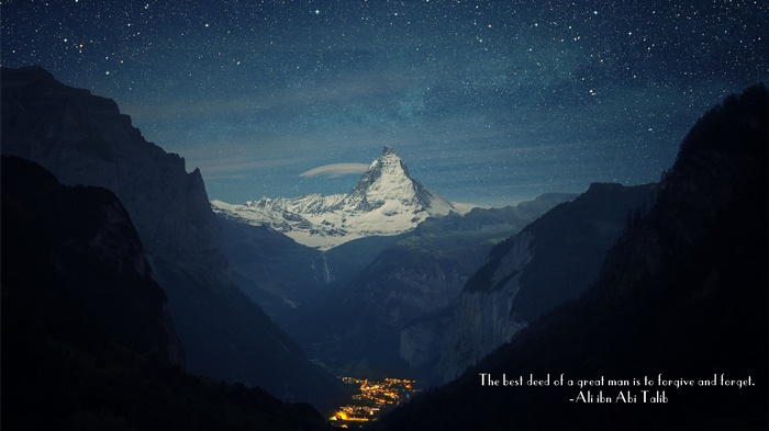 Ali ibn Abi Talib quote over Matterhorn at night