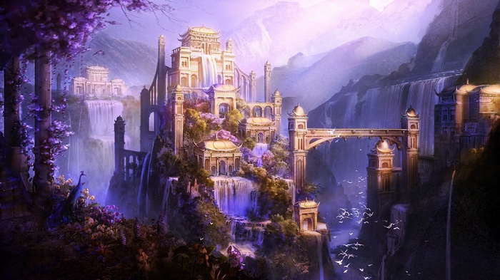 Fantasy castle with waterfalls and mountains