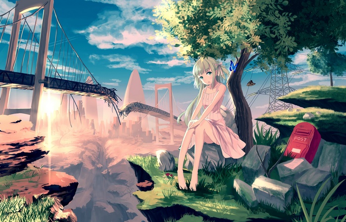 Anime girl sitting by a broken bridge with butterflies
