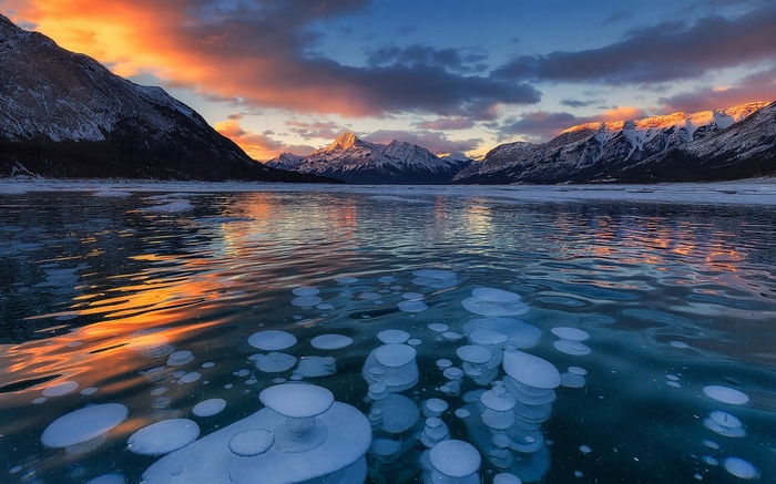 clouds, ice, mountains, cold, landscape, nature, sunset, water, winter, Canada, lake, snowy peak